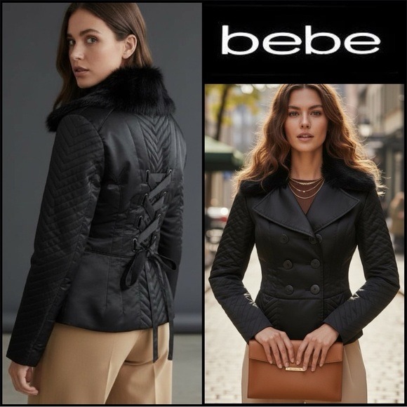 bebe Jackets & Blazers - 💎Bebe Vintage Satin Finish Pea Coat with Real Rabbit Fur Collar & Corset Back